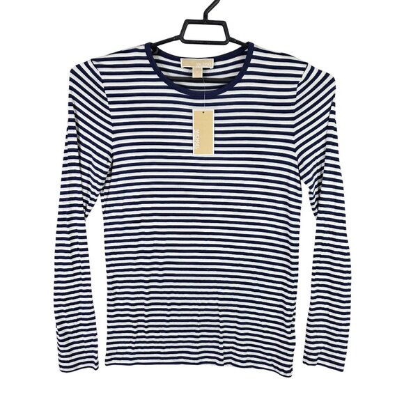 Womens Michael Kors Navy & White Striped Shirt Long Sleeve Round Neck Viscose M - Picture 1 of 9